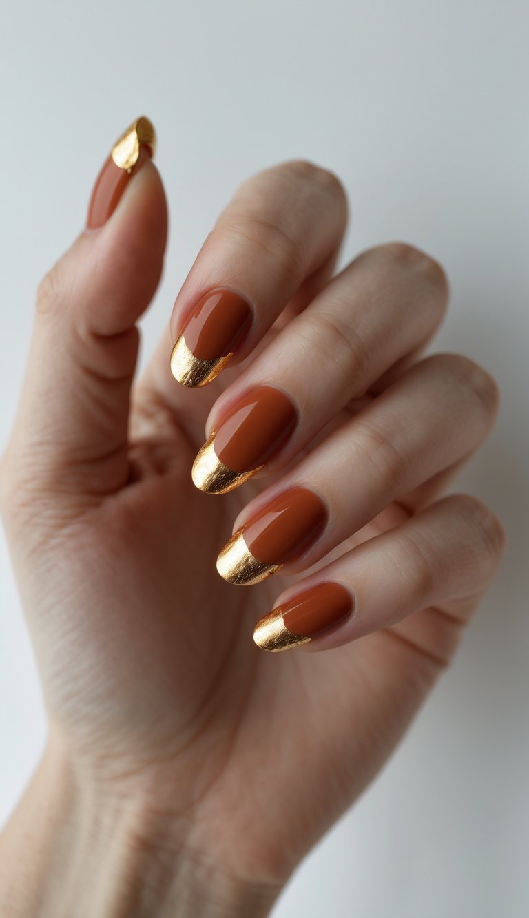 Close-up of one hand with terracotta-colored nails and gold foil tips against a white background.