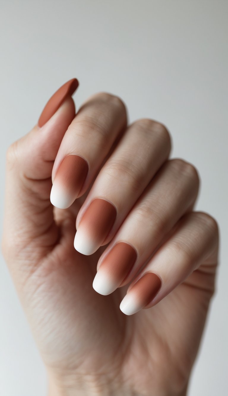 Close-up of one hand with terracotta-colored nails featuring a matte gradient design against a white background.