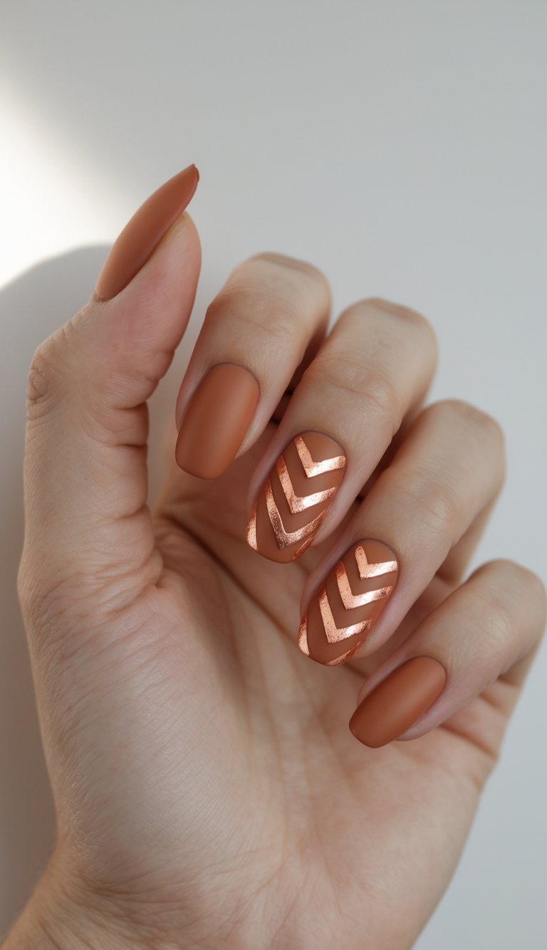 Close-up of one hand with terracotta-colored nails and metallic copper chevron designs on a white background.