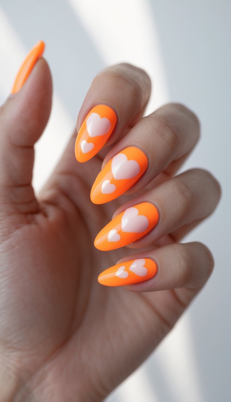 Close-up of one hand with neon orange matte nails decorated with glossy heart shapes on a white background.