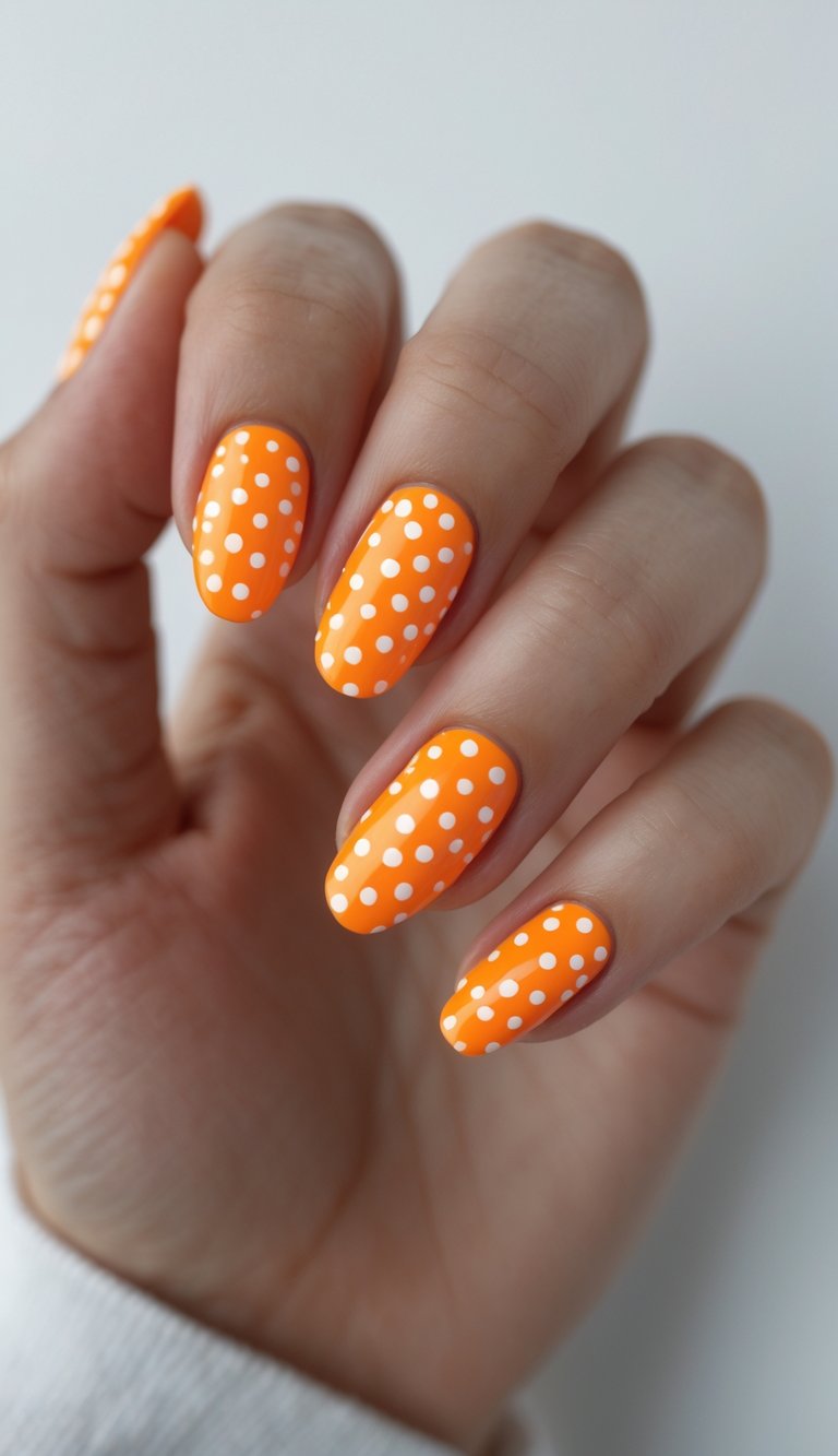 Close-up of one hand with neon orange nails decorated with small white polka dots against a white background.