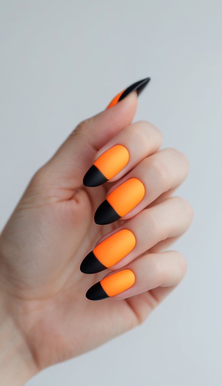 Close-up of one hand with neon orange nails featuring black tips against a white background.