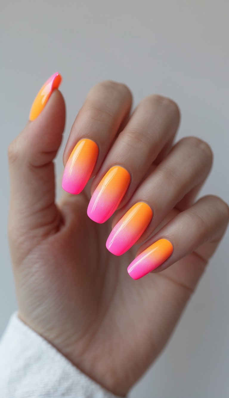 Close-up of one hand with neon orange nails fading into neon pink gradient against a white background.