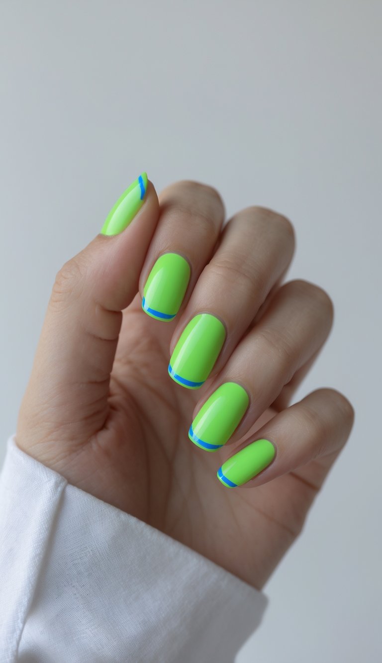 Close-up of one hand showing neon green nails with neon blue French tips against a white background.