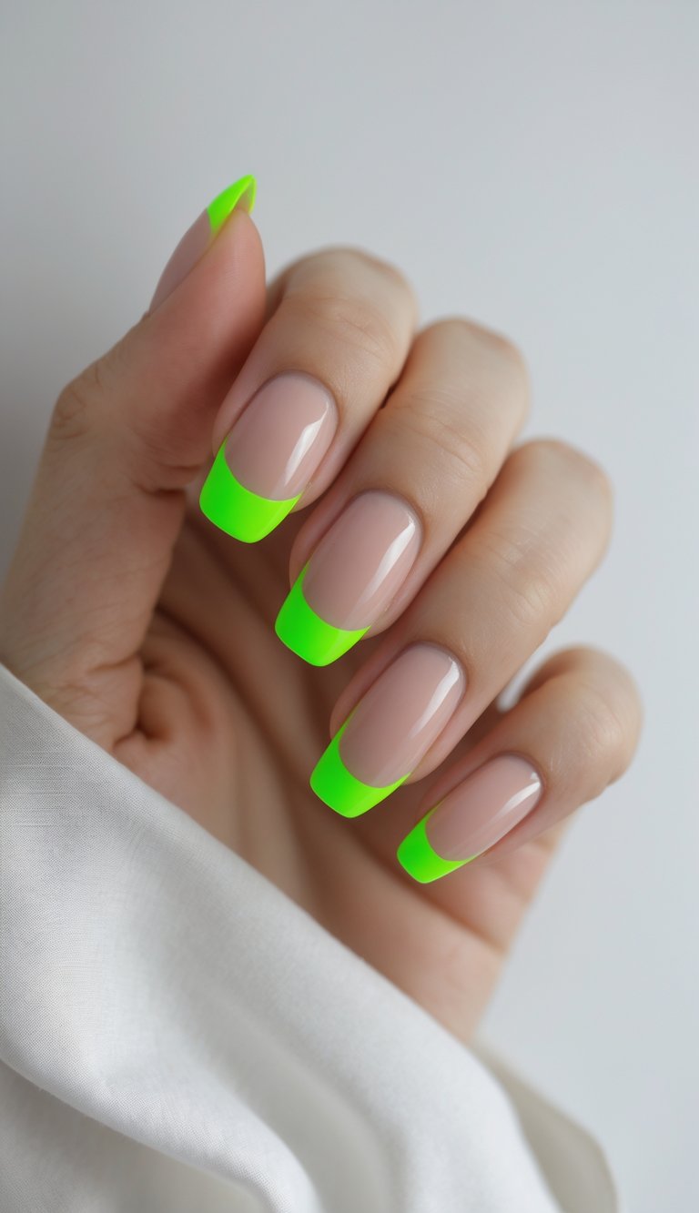 Close-up of one hand with clear nails and neon green tips against a white background.