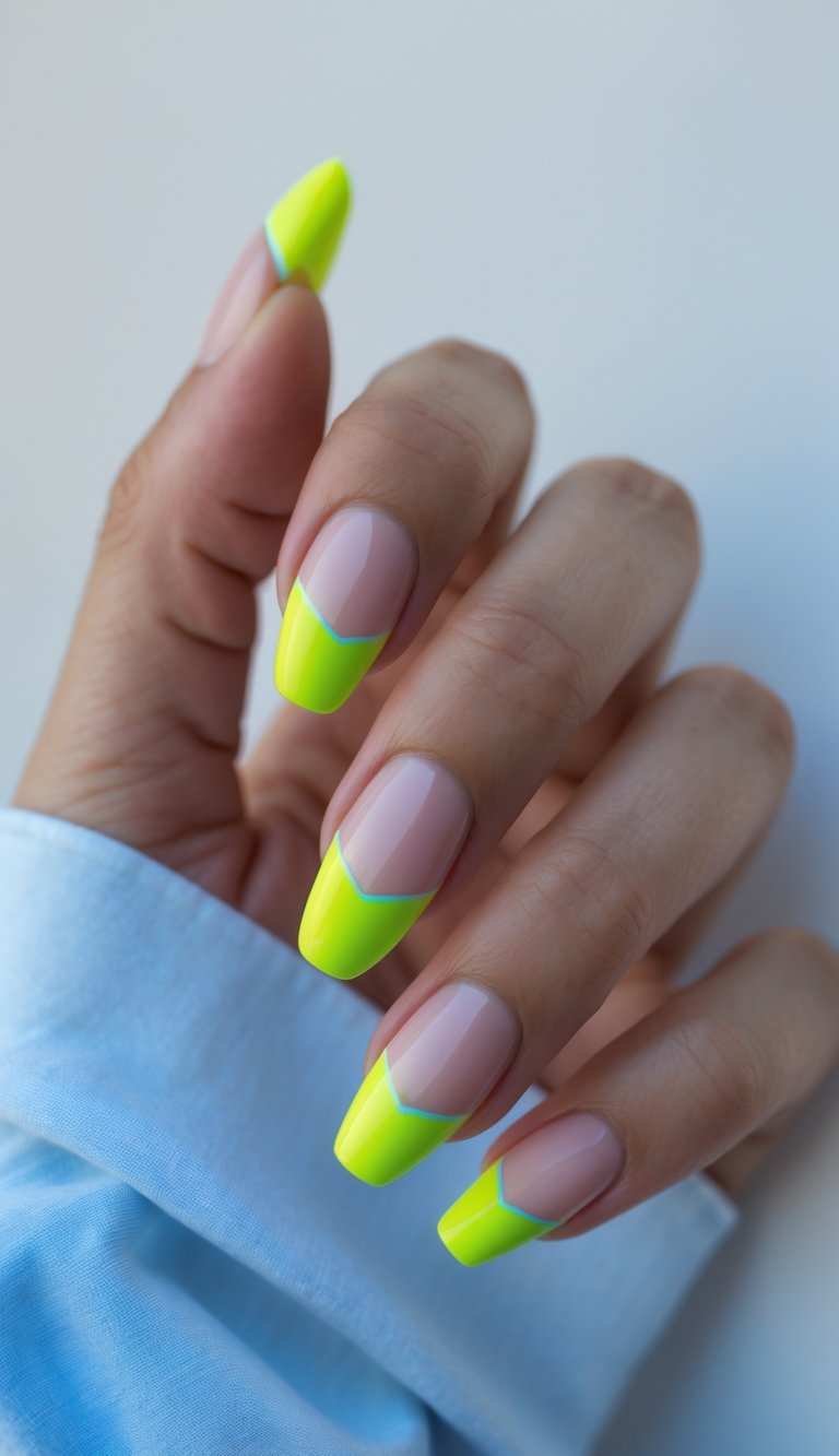 Close-up of one hand with neon green French tip nails and neon blue underlay on a white background.