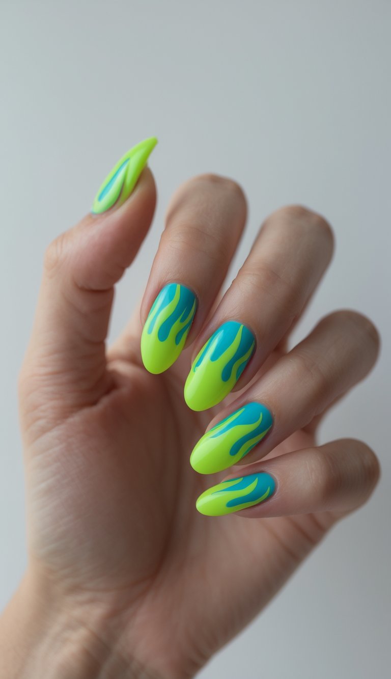 Close-up of one hand with neon green nails featuring blue flame designs on a white background.