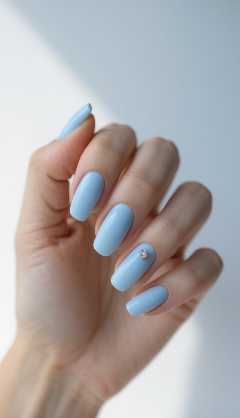Close-up of a hand with sky blue nails and a single jewel on one nail against a white background.