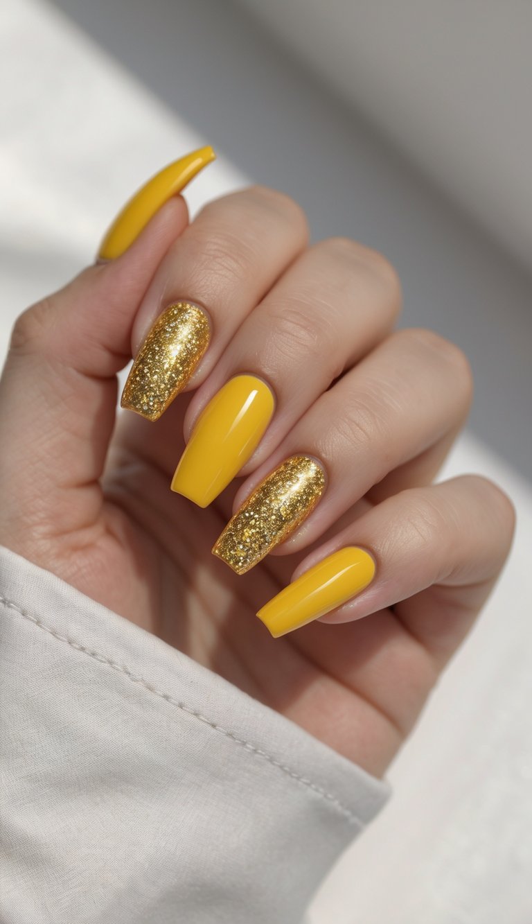 Close-up of one hand with golden yellow French tip nails and glitter accents against a white background.