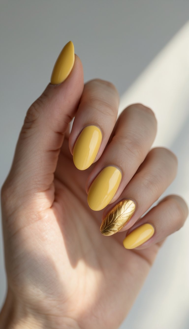 Close-up of one hand with yellow painted nails and gold leaf detail on the ring finger against a white background.