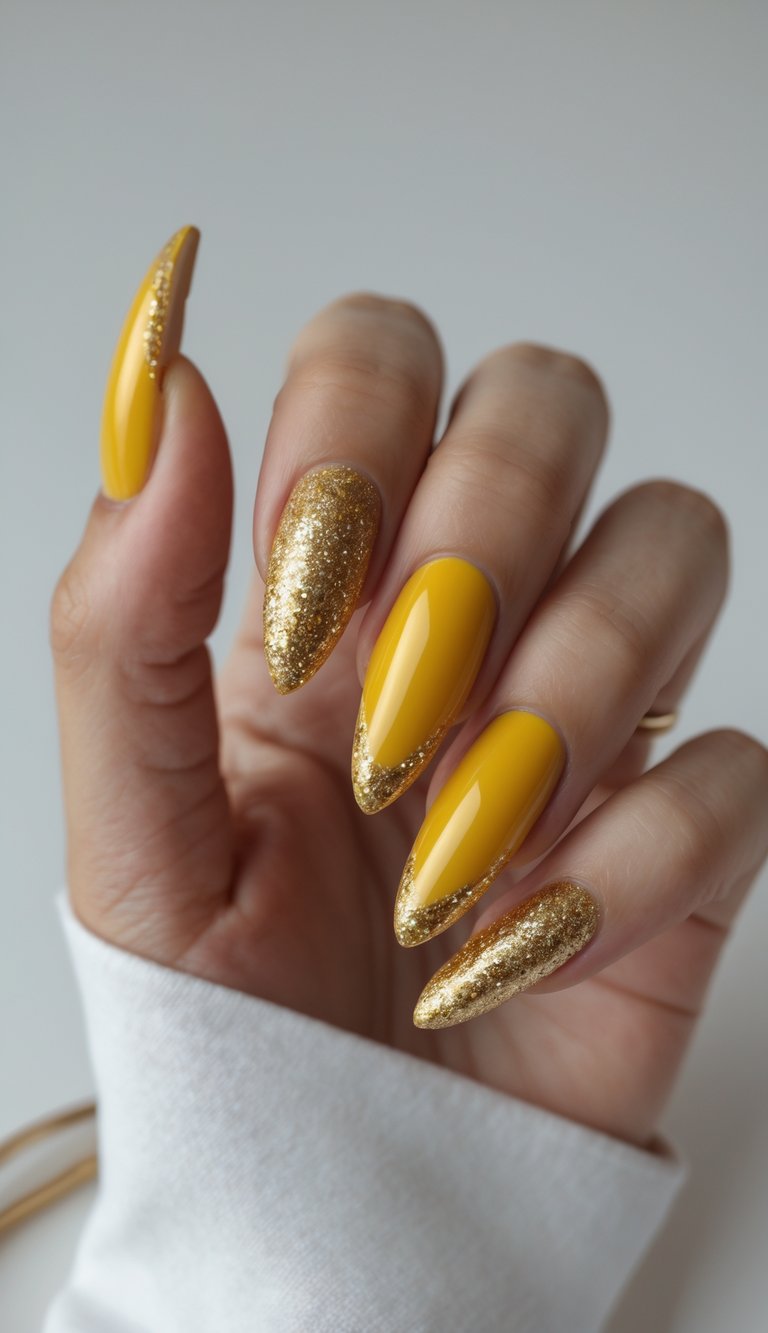 Close-up of one hand with golden yellow nails featuring gold glitter French tips against a white background.