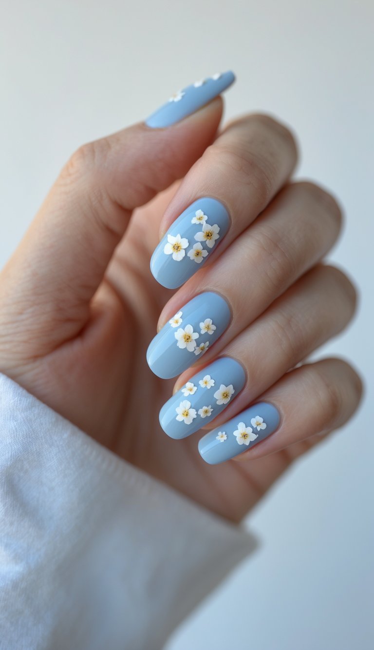 Close-up of one hand showing powder blue nails with small floral designs on a white background.
