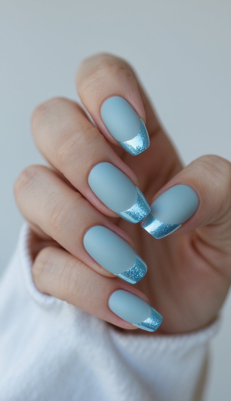 Close-up of a hand with powder blue matte nails and glossy tips against a white background.