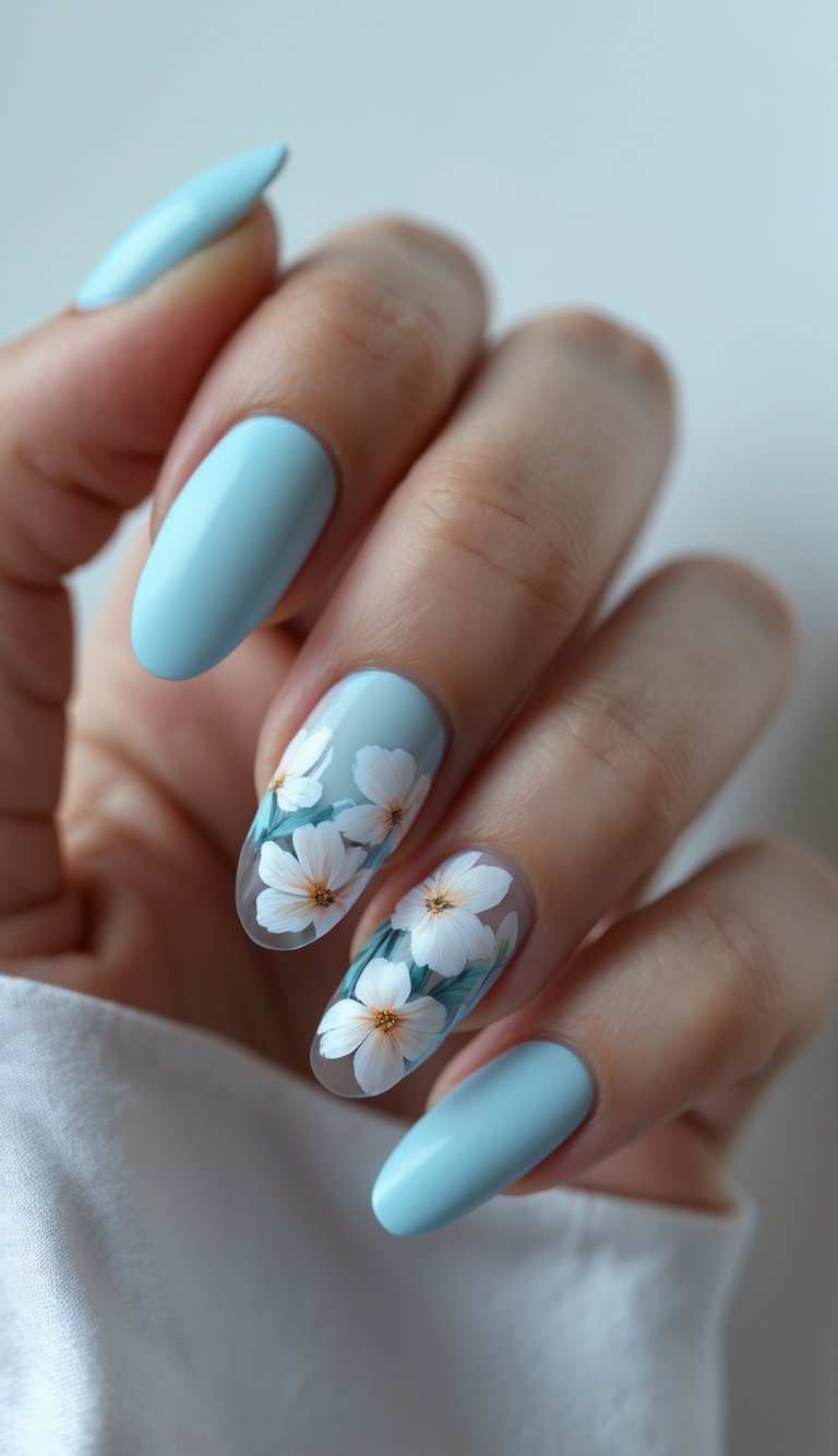 Close-up of one hand with powder blue nails decorated with floral designs on a white background.