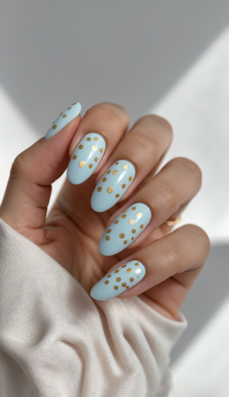Close-up of one hand showing nails painted powder blue with small gold dots on a white background.