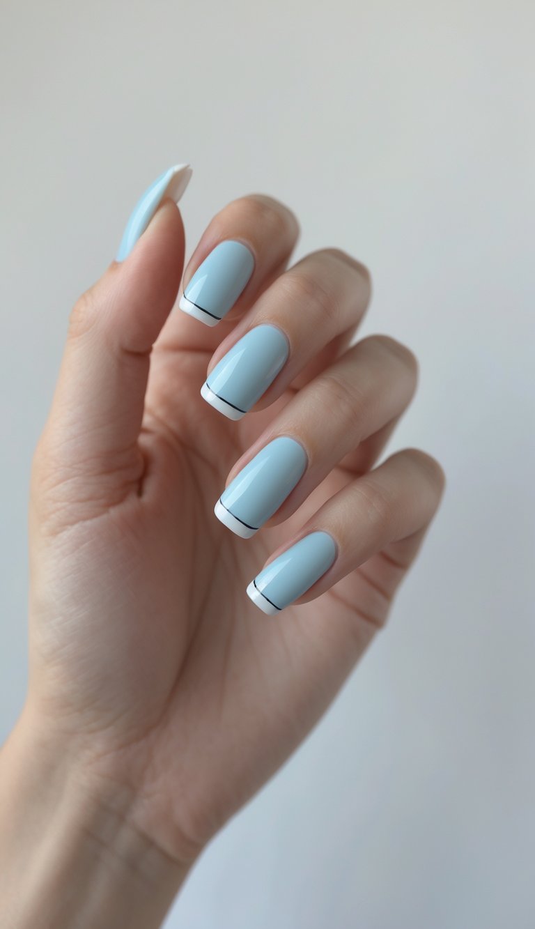 Close-up of one hand showing nails with powder blue French tips and white edges against a white background.