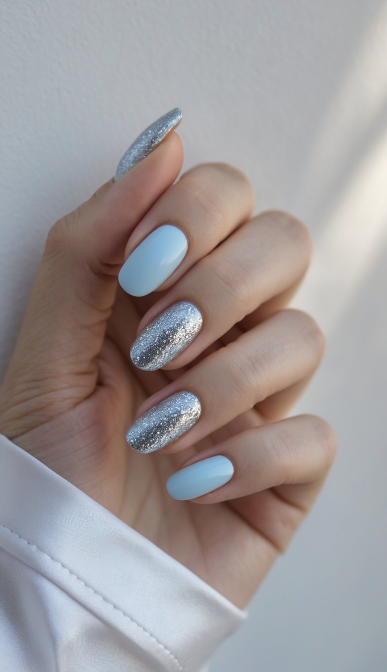 Close-up of a single hand with powder blue nails and silver glitter accents against a white background.