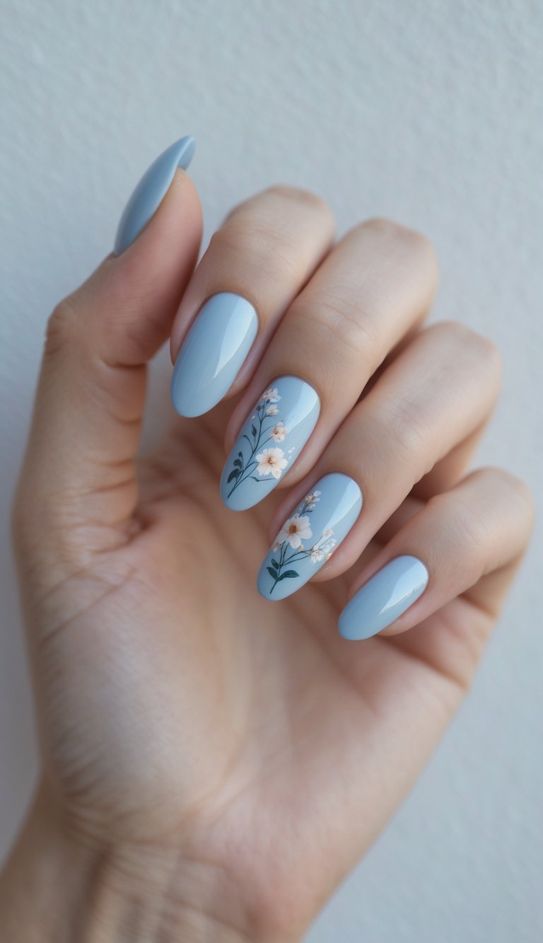Close-up of one hand with powder blue nails and a floral design on the ring finger against a white background.