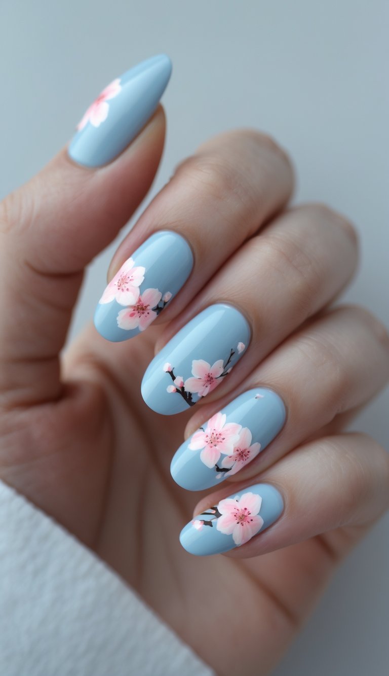 Close-up of one hand with powder blue nails featuring pink cherry blossom designs on a white background.