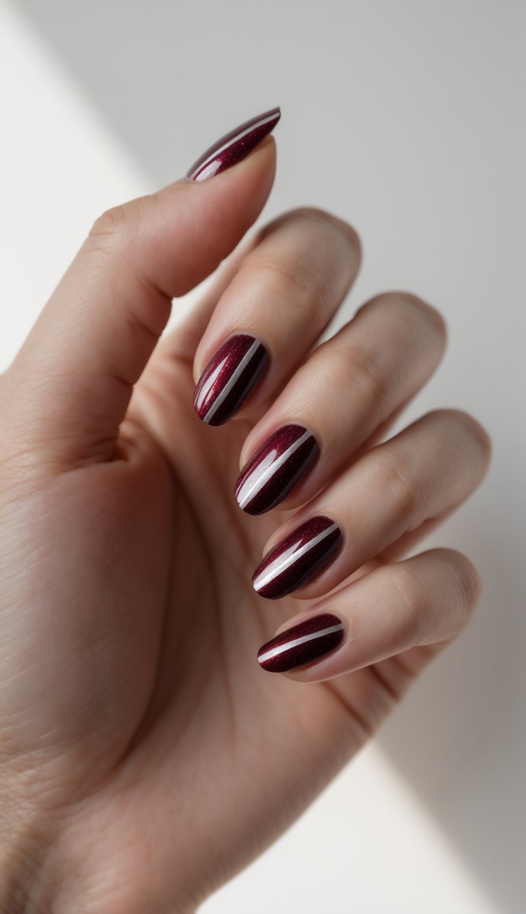 Close-up of a single hand with red shimmery nails decorated with thin silver stripes against a white background.