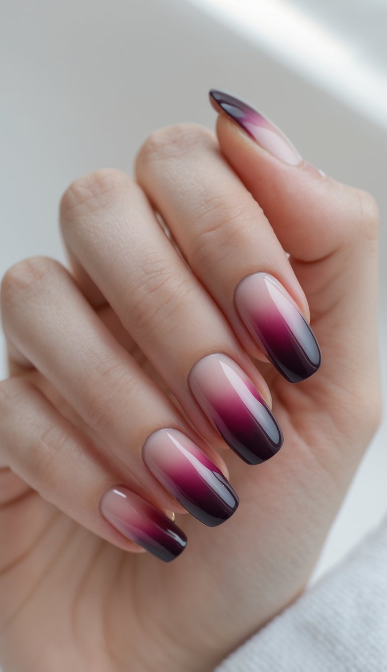 Close-up of one hand showing nails with a smooth wine red gradient ombre design against a white background.
