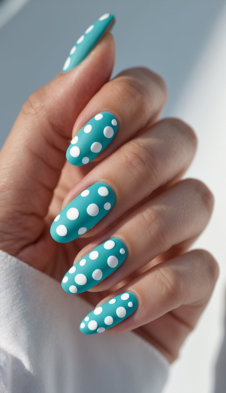 Close-up of one hand with matte aqua nails decorated with white polka dots against a white background.