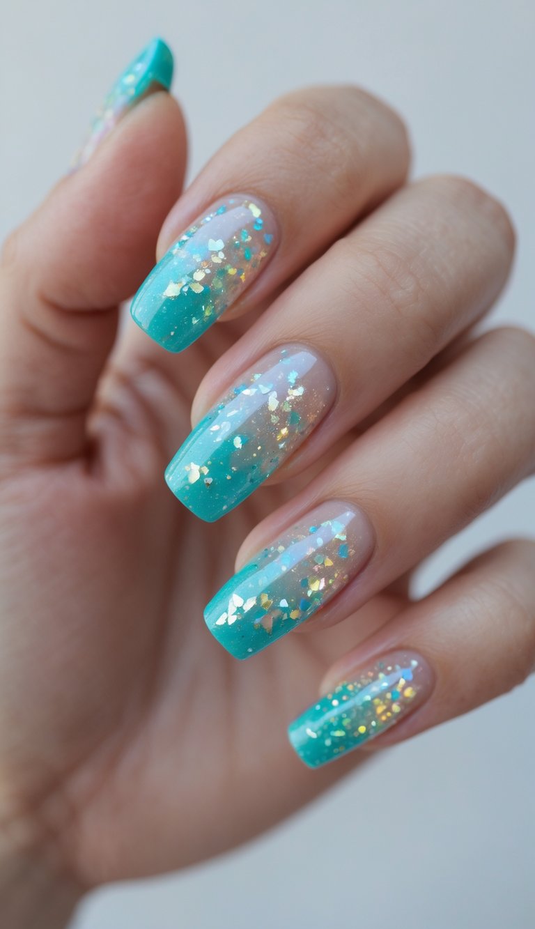 Close-up of one hand with aqua-colored nails decorated with holographic flakes against a white background.
