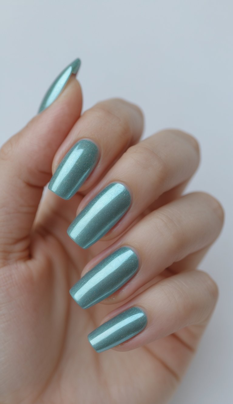 Close-up of one hand with aqua-colored nails featuring silver shimmer and simple nail art on a white background.