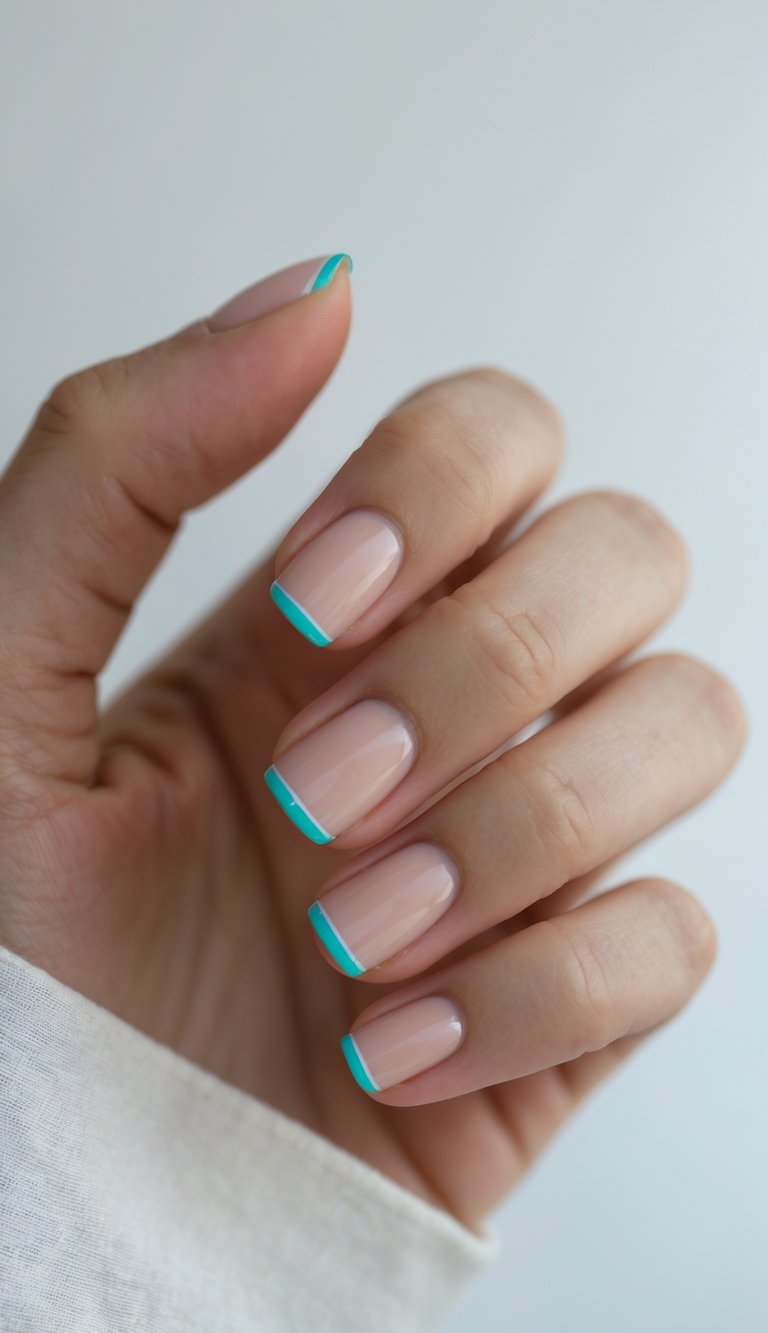 Close-up of one hand with natural nails featuring thin aqua borders on a white background.
