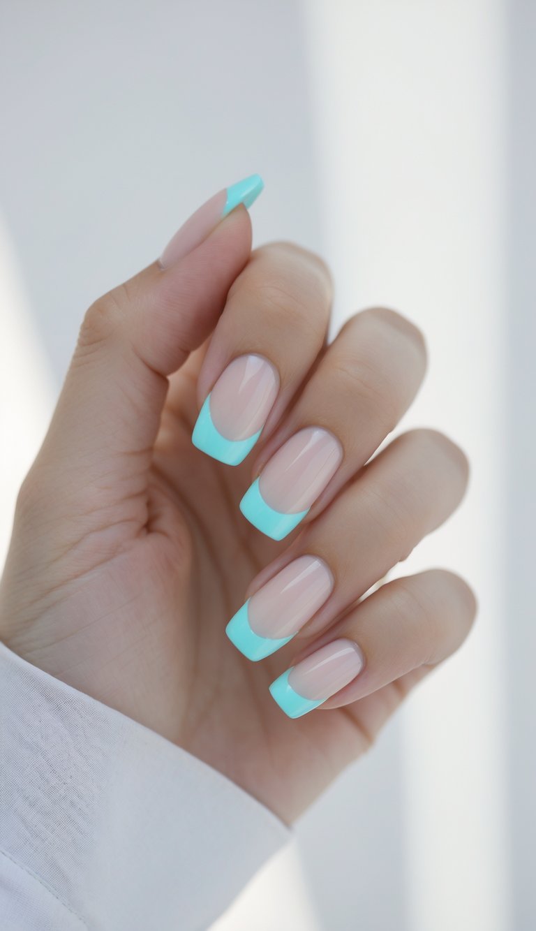 Close-up of one hand showing squared nails with a simple aqua smile tip design on a white background.