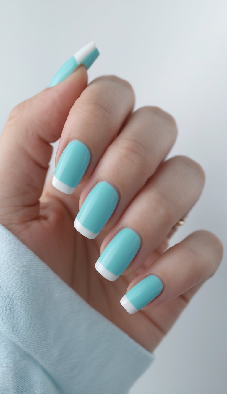 Close-up of one hand with very short nails painted with aqua micro-french tips against a white background.