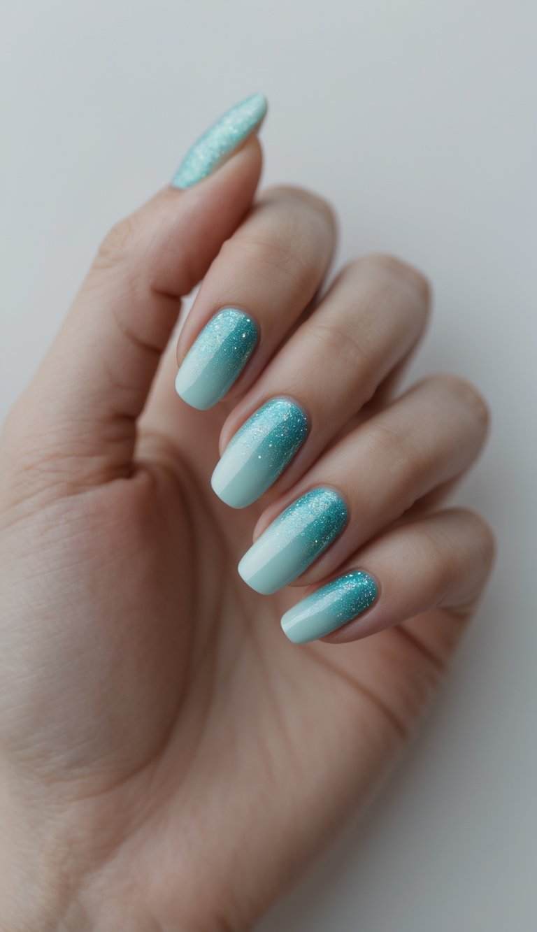 Close-up of one hand with glittery aqua gradient nails against a white background.