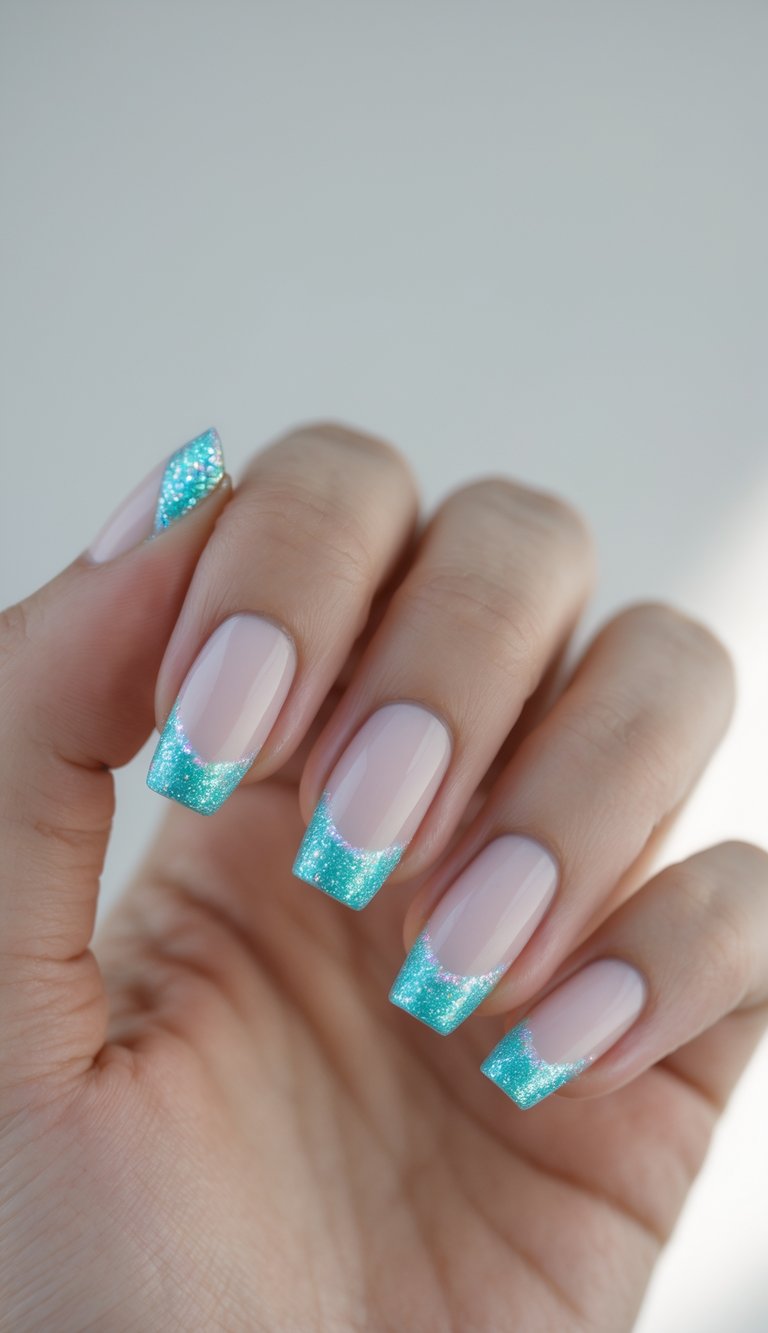 Close-up of one hand with aqua-colored nails featuring fine holographic glitter tips against a white background.