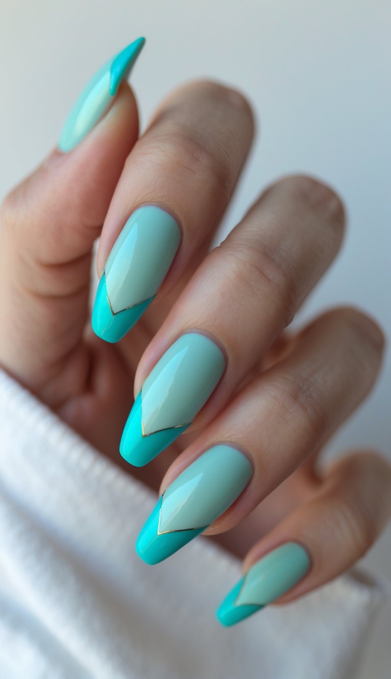 Close-up of a single hand with turquoise French tip nails against a white background.