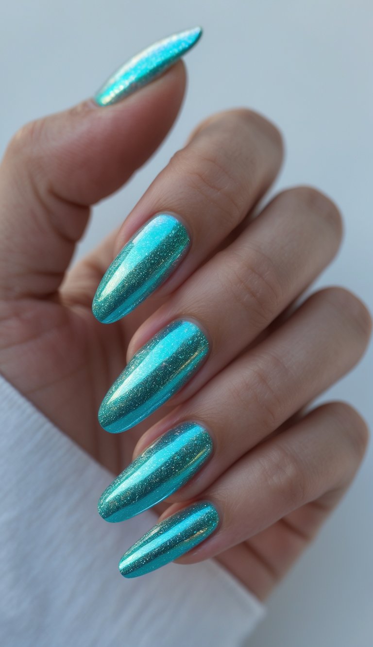 Close-up of one hand showing turquoise holographic chrome manicured nails against a white background.