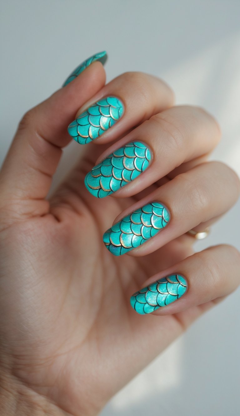 Close-up of one hand with turquoise mermaid scale nail art on a white background.