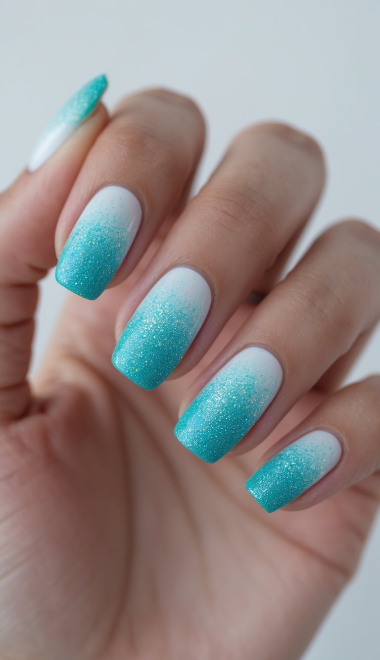 Close-up of a hand with turquoise glitter gradient nails on a white background.
