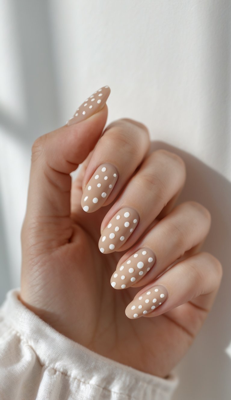 Close-up of one hand with beige nails decorated with white polka dots against a white background.