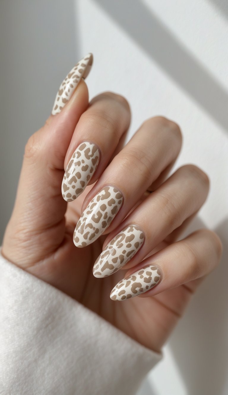 Close-up of one hand with beige leopard print nail art on all nails against a white background.