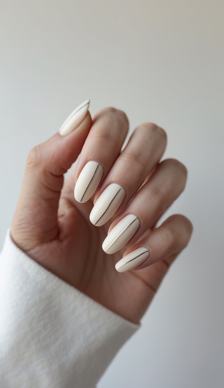 Close-up of one hand showing cream-colored nails with thin silver lines on a white background.