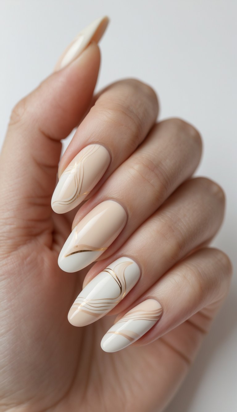 Close-up of one hand with cream-colored nails decorated with abstract designs against a white background.