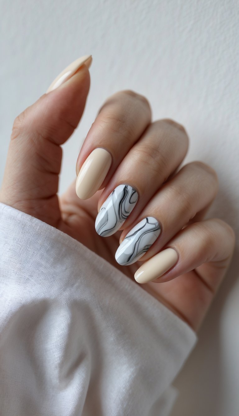 Close-up of one hand showing cream-colored nails with gray marbled accents against a white background.
