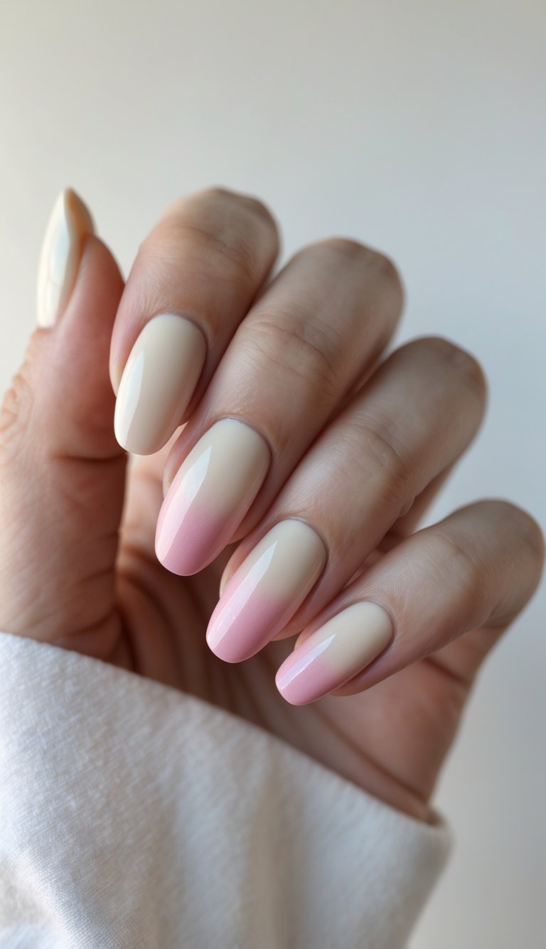 Close-up of one hand showing cream-colored nails with a faded pink ombre design on a white background.
