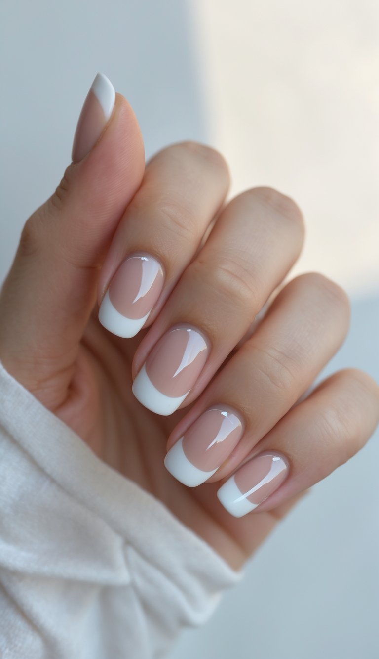 Close-up of one hand with neatly manicured nails featuring white reverse French tips on a clear base against a white background.