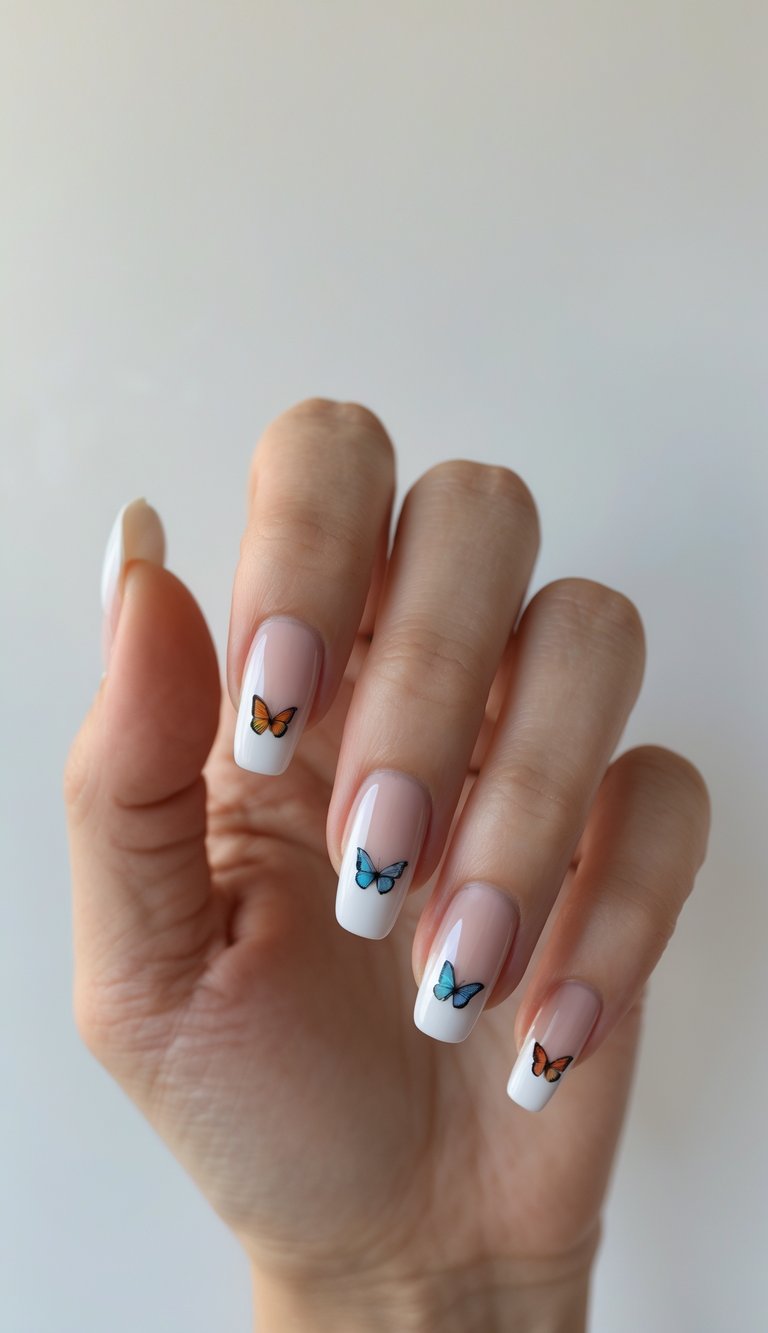 Close-up of one hand with French tip nails decorated with small butterfly decals against a white background.