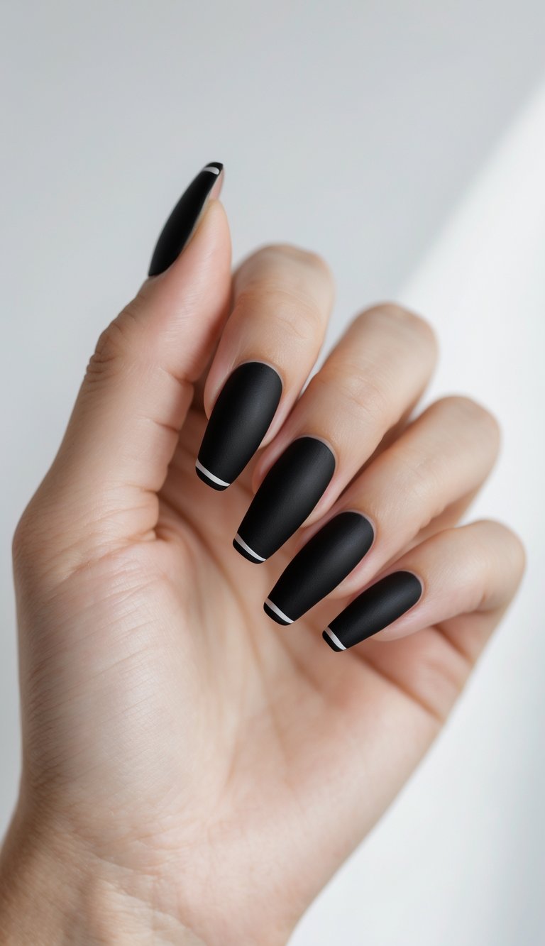 Close-up of one hand with matte black nails featuring thin black outlines on the tips against a white background.