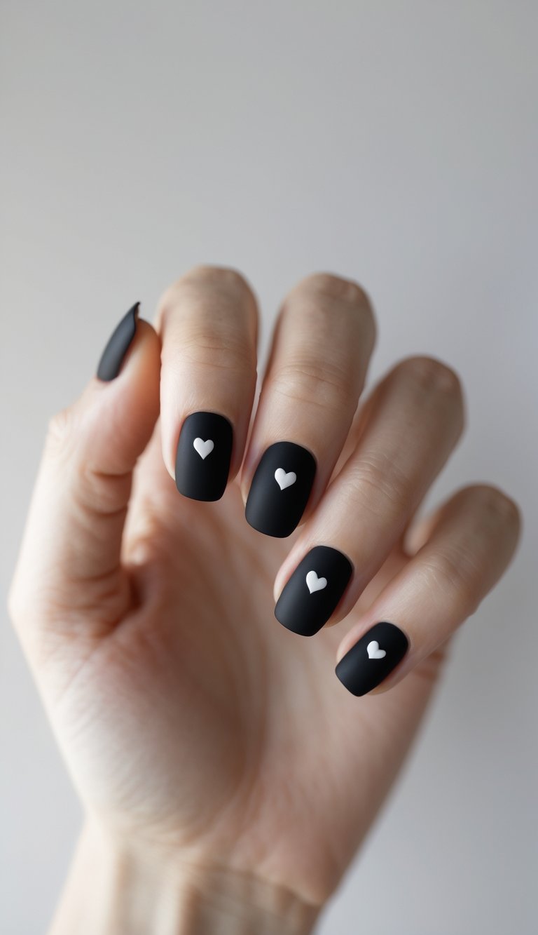 Close-up of one hand with matte black nails and small heart designs on a white background.