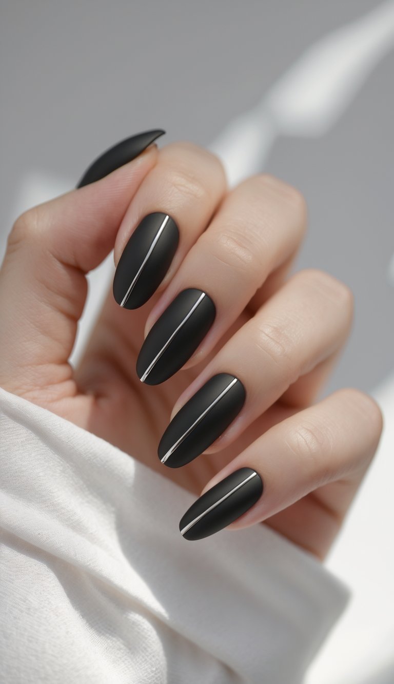 Close-up of one hand with matte black nails featuring thin chrome line accents against a white background.