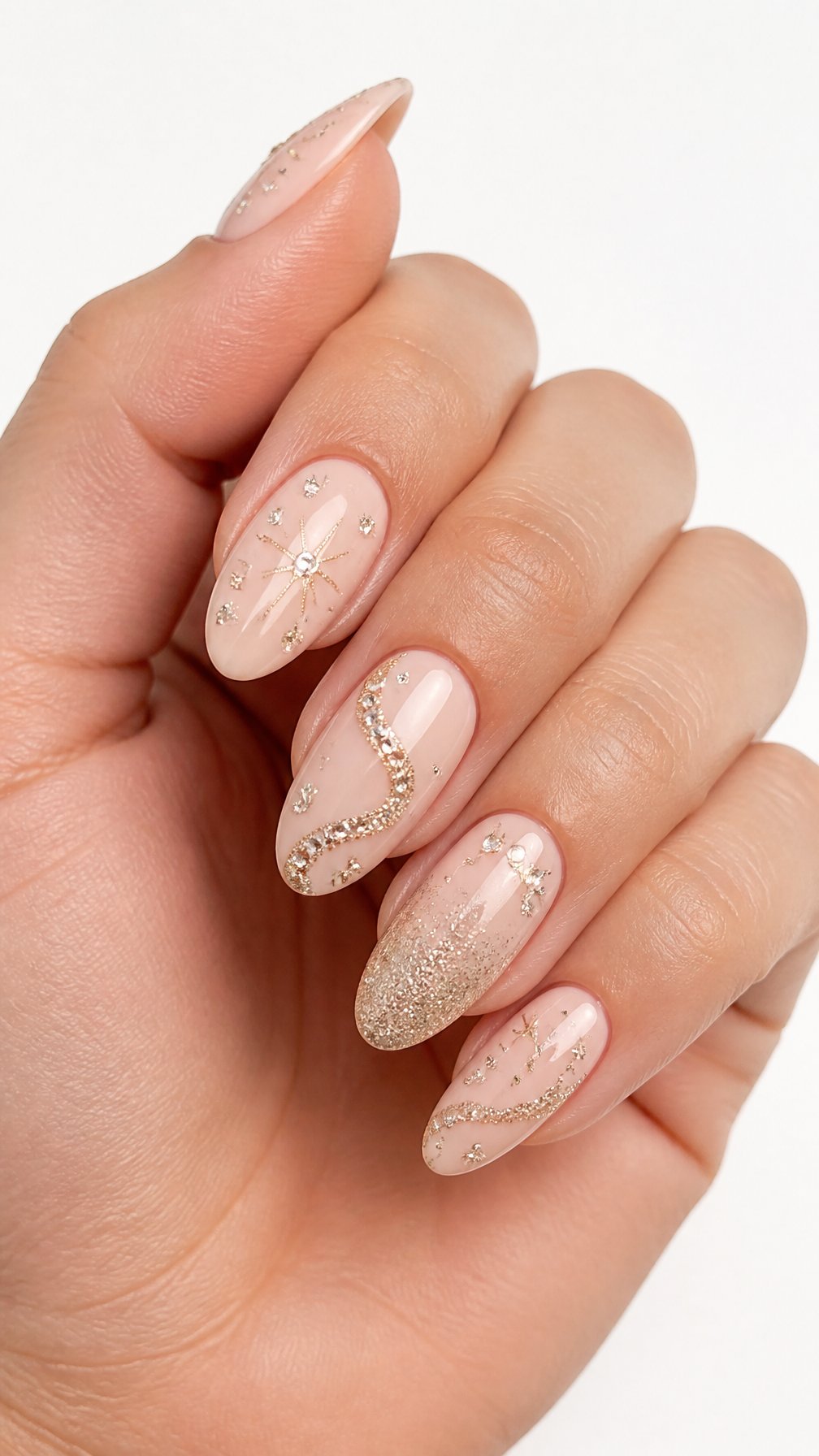 A single hand with glossy nude nails decorated with sparkling glitter accents against a white background.