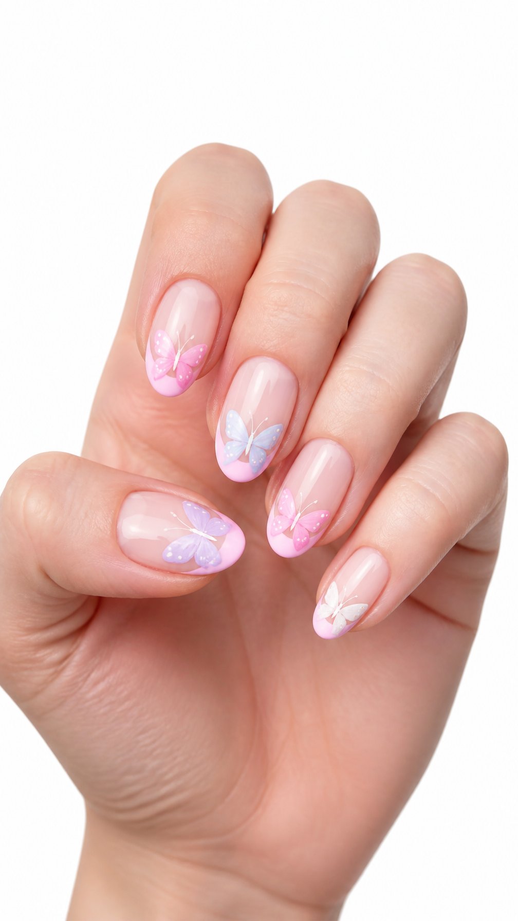 A single hand displays pastel pink manicured nails decorated with small colorful butterfly designs against a white background.